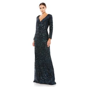 Mac Duggal Blue/Black Sequin Long Sleeve Dress